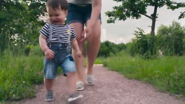 Petit enfant blond caucasien drôle apprend à marcher dans le parc, faire les premiers pas et tomber sans garder son équilibre sur la pelouse verte. — Video
