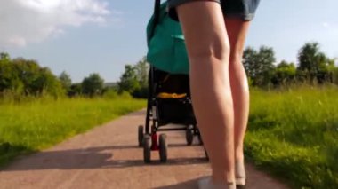 Bebek arabasında bebeğiyle parkta yürüyen bir anne.