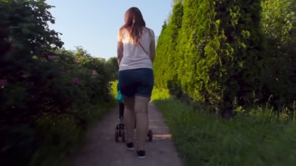 Moeder met een baby in een wandelwagen loopt in het park — Stockvideo