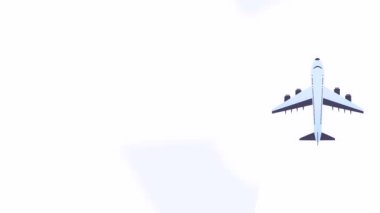 Soyut mavi arka plan üzerinde bulutlarla uçan bir uçağın grafik döngü animasyonu. Kopya alanı ile seyahat kavramı