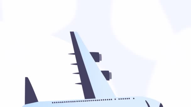 Animación gráfica de bucle vertical de un avión volar sobre un fondo azul abstracto con nubes. Concepto de viaje con espacio de copia — Vídeo de stock