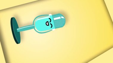 Renkli bir mikrofonun dikey animasyonu. Podcast, medya ve vokal konsepti. Parlak sarı arka plan. Boşluğu kopyala