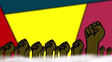 Animasyon siyah hayat önemlidir. Sarı-kırmızı arka planda yumruk. 2D format. Boşluğu kopyala