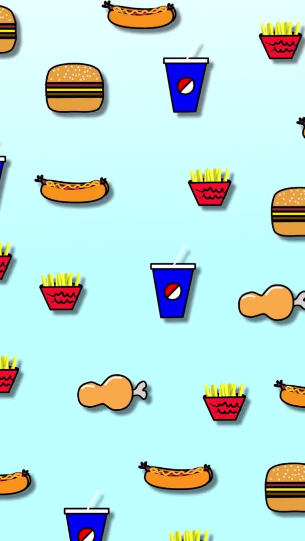 Animazione fast food loop di hamburger, patatine fritte, hot dog. Schizzo piatto 2D di cibo animato in movimento — Video Stock