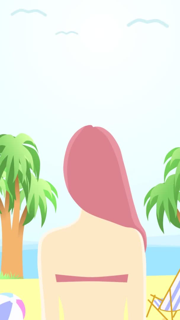 2d animazione loop verticale di una ragazza sulla spiaggia vista posteriore su un'isola tropicale con spazio vuoto per il testo, concetto di vacanza estiva. Copia spazio — Video Stock