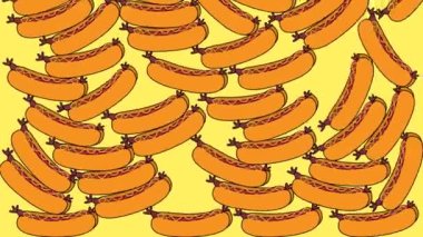 Sosisli sandviçin düşüşünün, yer dolduruşunun, fast food 'un ve sarı arka planda sağlıksız gıda konseptinin animasyonu