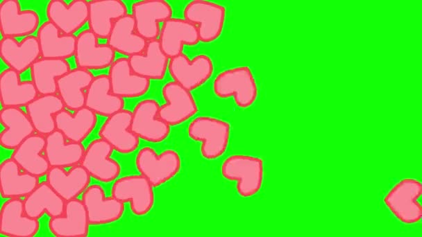 Pionowa animacja Czerwone ikony spadające na zielone tło Chromakey. Liczenie lubi, media społecznościowe wylewa wiele serc — Wideo stockowe