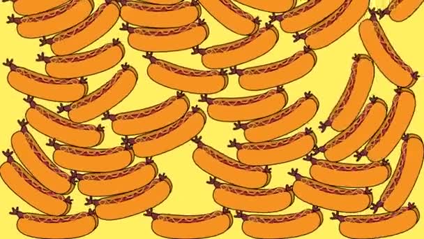 Animacja hot dogów spadających i wypełniających przestrzeń, fast food i niezdrowej koncepcji żywności na żółtym tle — Wideo stockowe