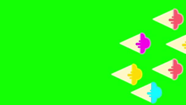 Animation verticale 2d de la crème glacée à la popsicle tombant dans un cône sur un écran vert chromatique — Video