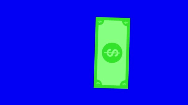 Animazione verticale 2d della banconota del dollaro in caduta sullo schermo blu chiave cromatica — Video Stock