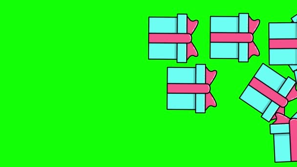 2D Вертикальная анимация падающих подарков на зеленом фоне хромы ключа — стоковое видео