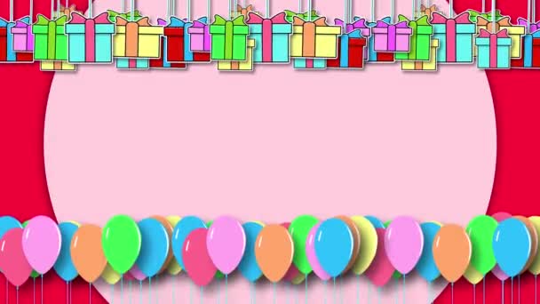 Animación 2D de cajas de regalo multicolores y globos colgando en el aire sobre un fondo rojo. Copiar espacio — Vídeos de Stock