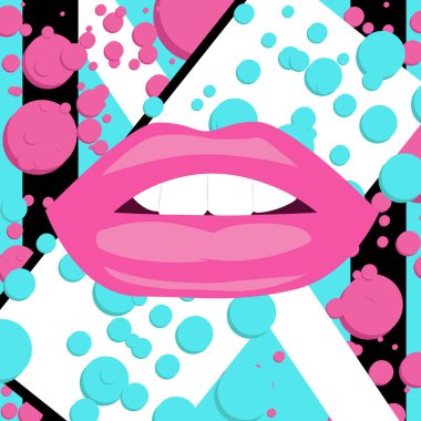 Ağzını aç ve dudaklarını ısırarak siyah beyaz çizgiler ve pembe turkuaz daireler çiz.