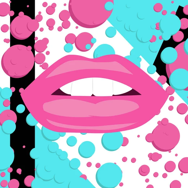 Boca abierta con labios mordidos sobre un fondo de rayas blancas y negras y círculos de color turquesa rosado — Vector de stock