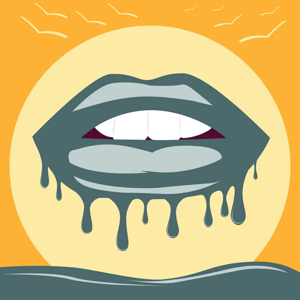 Bocca aperta con mordere le labbra verde scuro su uno sfondo arancione con sole e gabbiani. Scioglie e flussi — Vettoriale Stock