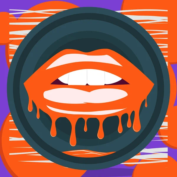 La bocca aperta con labbra mordenti si scioglie e scorre in cerchio su uno sfondo rosso porpora con strisce — Vettoriale Stock