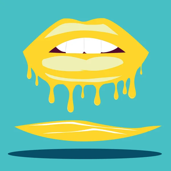 Open mouth with biting yellow lips melts and flows against a turquoise background — Stock Vector