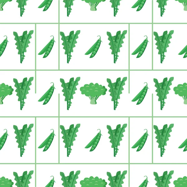 Patrón dibujado de guisantes de brócoli verde y lechuga en un estilo minimalista sobre un fondo claro con rayas — Archivo Imágenes Vectoriales