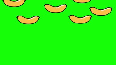 Yeşil krom anahtar arka planında düşen sosislerin 2B animasyonu