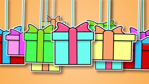 2D animáció sokszínű ajándékdobozok lógnak a levegőben, narancssárga alapon — Stock videók