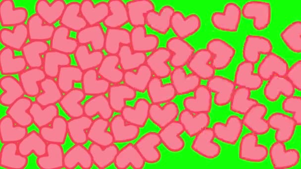 Dikey canlandırma kırmızı simgeler yeşil arka plan Chromakey üzerine düşüyor. Sevgi saymak, sosyal medya bir sürü kalp doldurmak. — Stok video