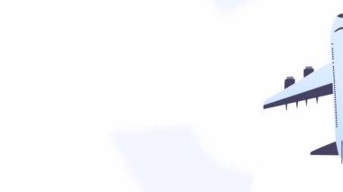 Soyut mavi arka plan üzerinde bulutlarla uçan bir uçağın grafik döngü animasyonu. Kopya alanı ile seyahat kavramı