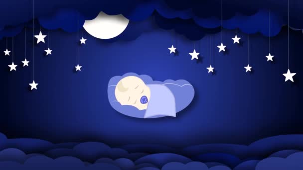 Animation 2d d'un petit garçon dormant dans des couleurs bleues. Lune, nuages et étoiles dans le ciel obscur — Video