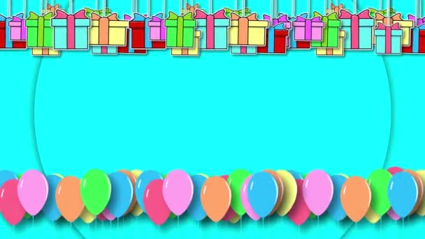 Animacja 2D wielobarwnych kolorowych pudełek i balonów wiszących w powietrzu na turkusowym tle. Przestrzeń kopiowania — Wideo stockowe
