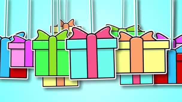 Animación 2D de cajas de regalos multicolores colgando en el aire sobre un fondo turquesa — Vídeos de Stock