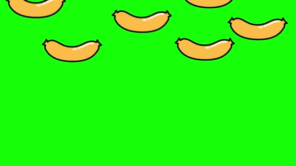 Animacja 2D spadających kiełbasek na zielonym tle klucza chroma — Wideo stockowe