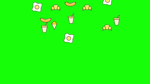 2d анимация падения продуктов питания омлет, сок, колбаса, мороженое, круассан на зеленом экране chromakey — стоковое видео