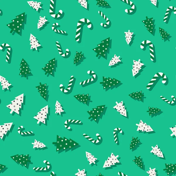 Modello di lecca-lecca verde, albero di Natale bianco e verde su sfondo verde. capodanno e illustrazione natalizia. Il modello è adatto per manifesti, carte, tessuti o carta da imballaggio — Vettoriale Stock