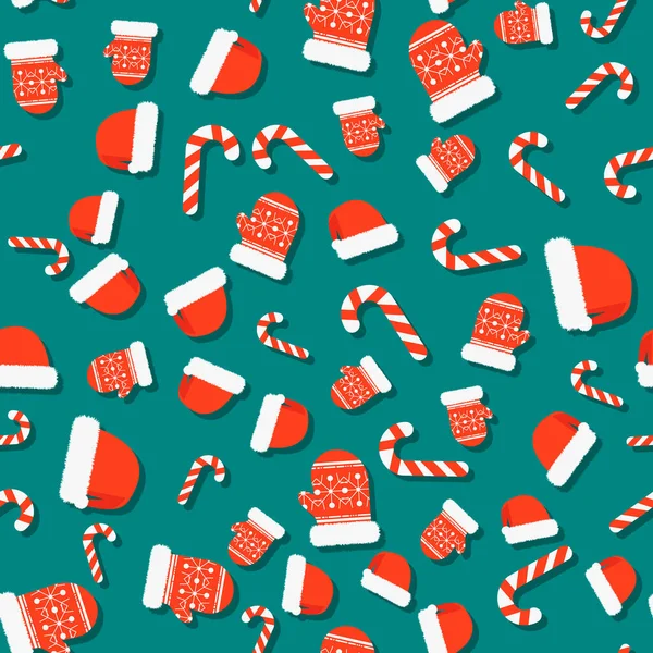 Yeşil arka planda kırmızı bir Noel deseni var. Şapka eldiven lolipop çizimi. Posterler, kartlar, kumaşlar veya ambalaj kağıtları için uygun yeni yıl şablonu
