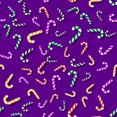 Mor arka planda çok renkli Noel lolipopu deseni. Yeni yıl ve Noel illüstrasyonu. Şablon posterler, kartlar, kumaşlar veya ambalaj kağıtları için uygundur