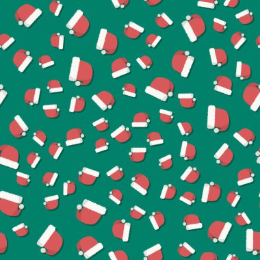 Yeşil arka planda Noel şapkalarının kusursuz arkaplan deseni.