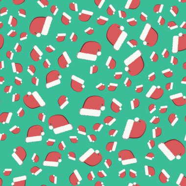 Yeşil arka plandaki hacimli Noel şapkalarının kusursuz arkaplan deseni. Tebrik kartları veya paket kağıtları için yeni yıl illüstrasyonuName