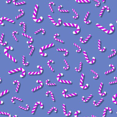 Mavi arka planda mor Noel lolipopu deseni. Yeni yıl ve Noel illüstrasyonu. Şablon posterler, kartlar, kumaşlar veya ambalaj kağıtları için uygundur