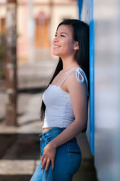 Wanita Hispanik Bahagia Dengan Senyum Panjang Rambut Hitam Condong Dinding — Stok Foto