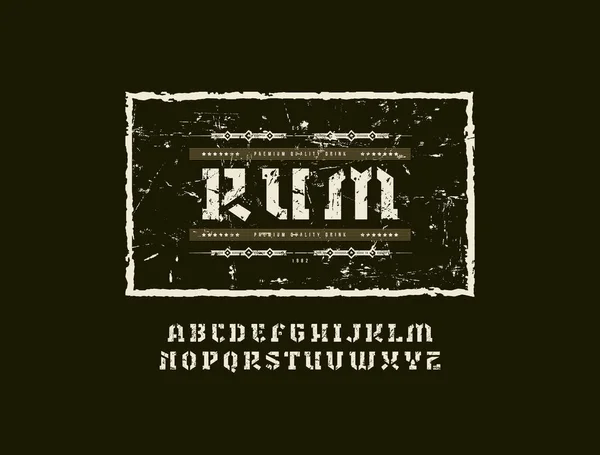 钢板衬线字体的军事风格 朗姆酒标签模板 带有粗糙纹理的字母 用于标识 标签和招牌设计 黑色背景上的彩色打印 — 图库矢量图片