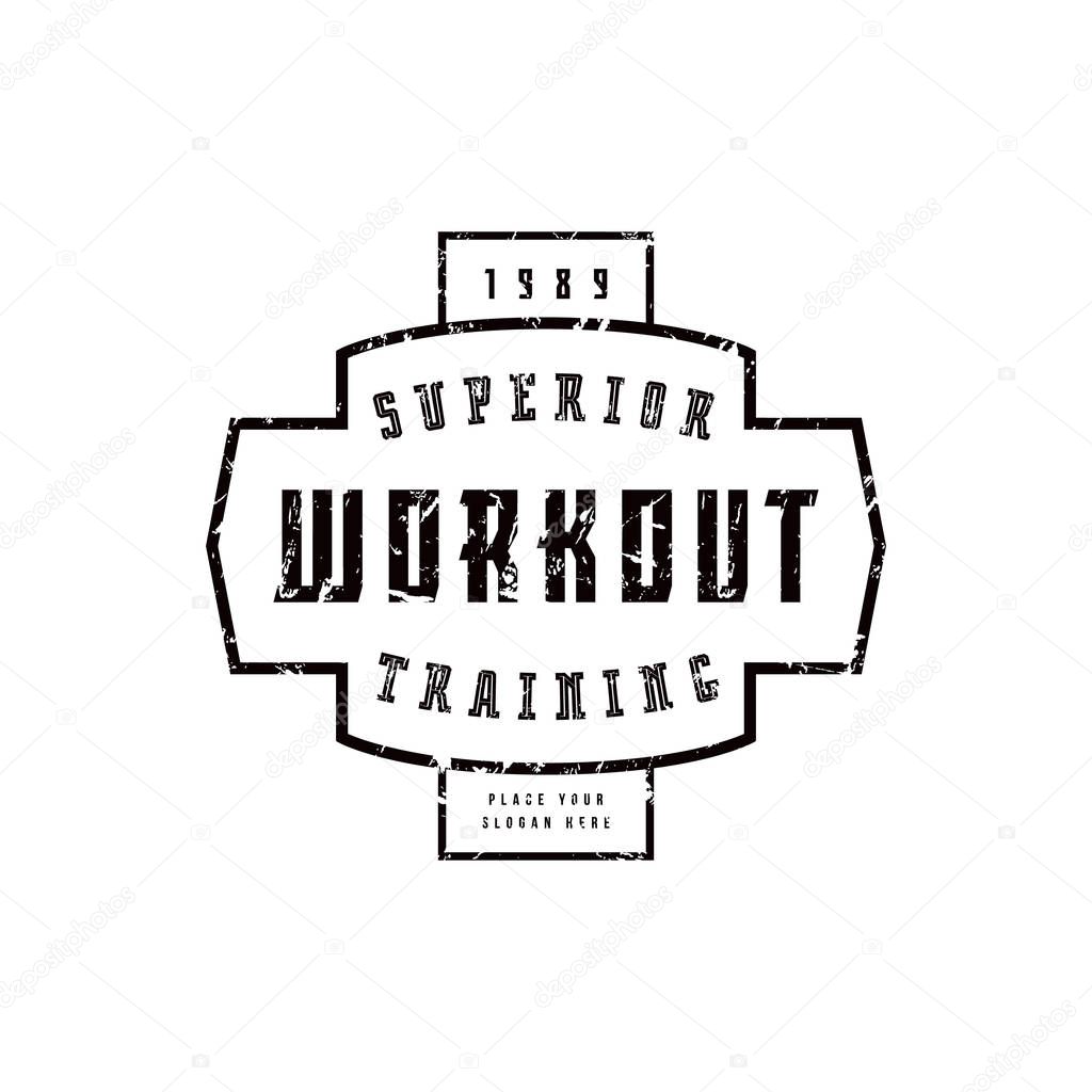 Emblem of workout club. Graphic design with rough texture for t-shirt. Black print on white background