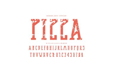 Dekoratif dar serif yazı tipi. Cesur yüzünü. Harf ve rakam logo ve başlık tasarımı için kaba tekstürlü. Turuncu beyaz zemin üzerine yazdırma