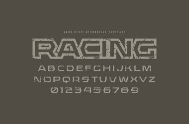 Spor tarzda geometrik sans serif yazı tipi. Harfler ve sayılar için Bilimkurgu, askeri, kaba tekstürlü logo ve başlık tasarım yarış