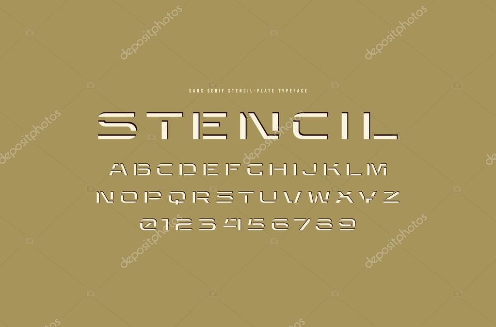 Extended stencil-plate sans serif font. Letters and numbers for logo and title design