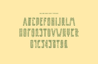 Dekoratif içi boş sans serif yazı tipi. Harf ve rakam logo ve başlık tasarımı için kaba tekstürlü. Yeşil sarı arka planda yazdırma