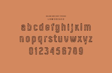 Orijinal içi boş sans serif yazı tipi. Küçük harfler ve sayılar logo ve amblem tasarımı için kaba tekstürlü