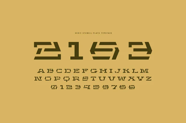 Στένσιλ Πλάκα Serif Γραμματοσειρά Στο Κοσμικό Ύφος Γράμματα Και Αριθμούς — Διανυσματικό Αρχείο