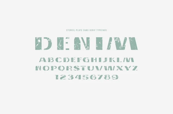 Stencil Plate Sans Serif Fuente Letras Números Con Textura Áspera — Vector de stock