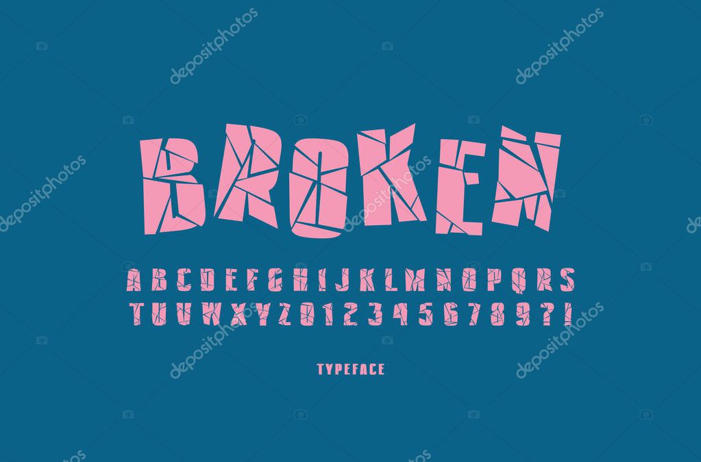 Decorative sans serif font with broken face. Letters and numbers for military, cinema, music logo and title design. Pink typeface on blue background