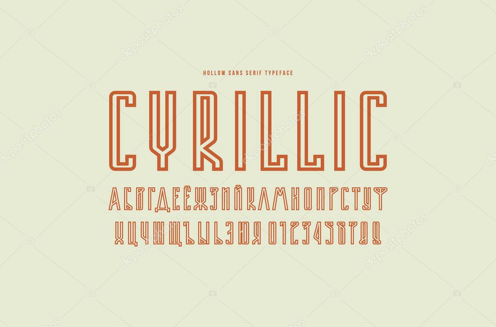 Decorative hollow sans serif font. Cyrillic letters and numbers for logo and title design. Orange print on light background