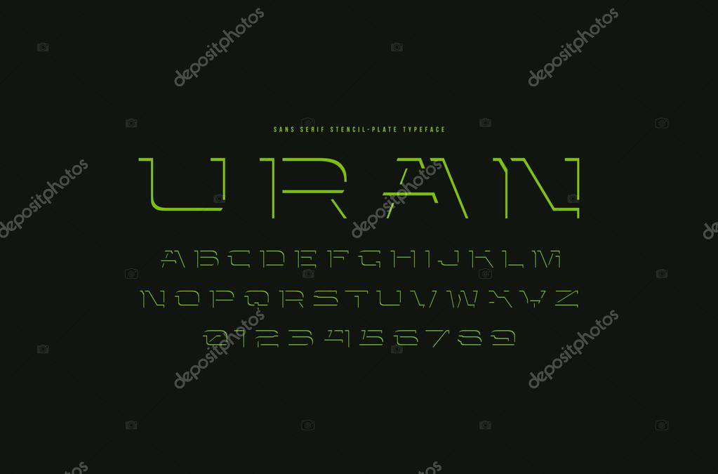 Decorative stencil-plate sans serif font. Letters and numbers for logo and title design. Green print on black background